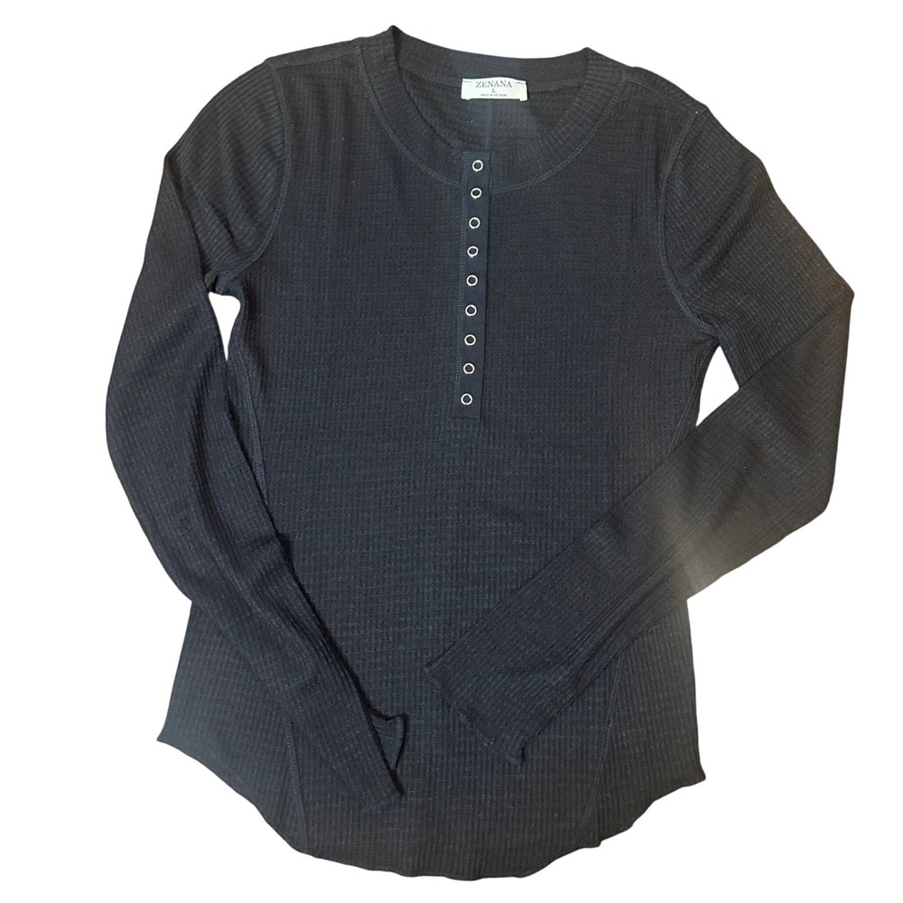 New ZENANA Womens Small Black Waffle Long Sleeve Henley JT-2155G7